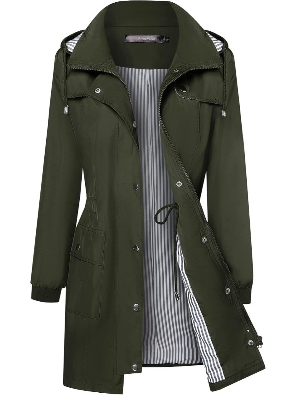 Women's Olive Hooded Waterproof Striped Climbing Windbreaker Trench Rain Coat